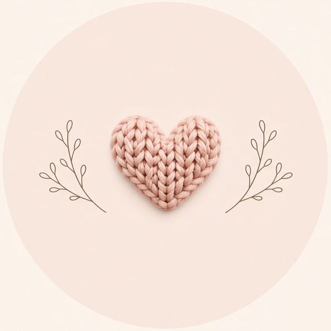 A soft pink knitted heart between two hand-drawn sprigs