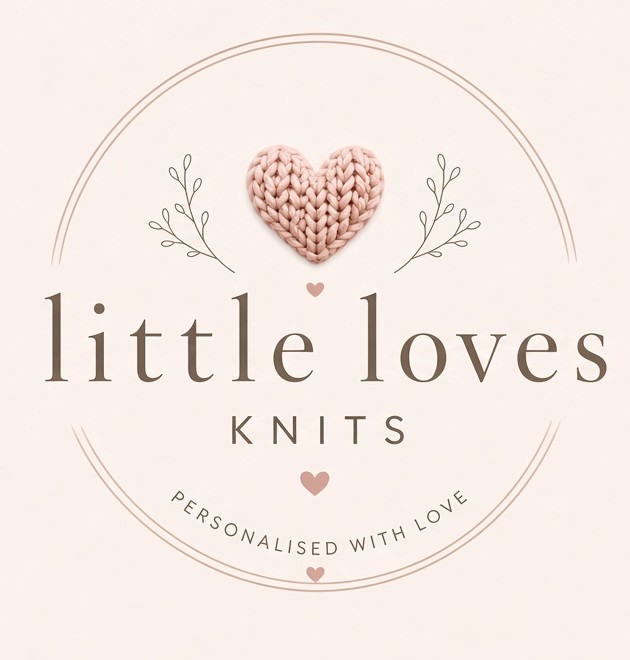 Little Loves Knits logo: a pink knitted heart between two sprigs, with the words little loves knits and personalised with love in a circle