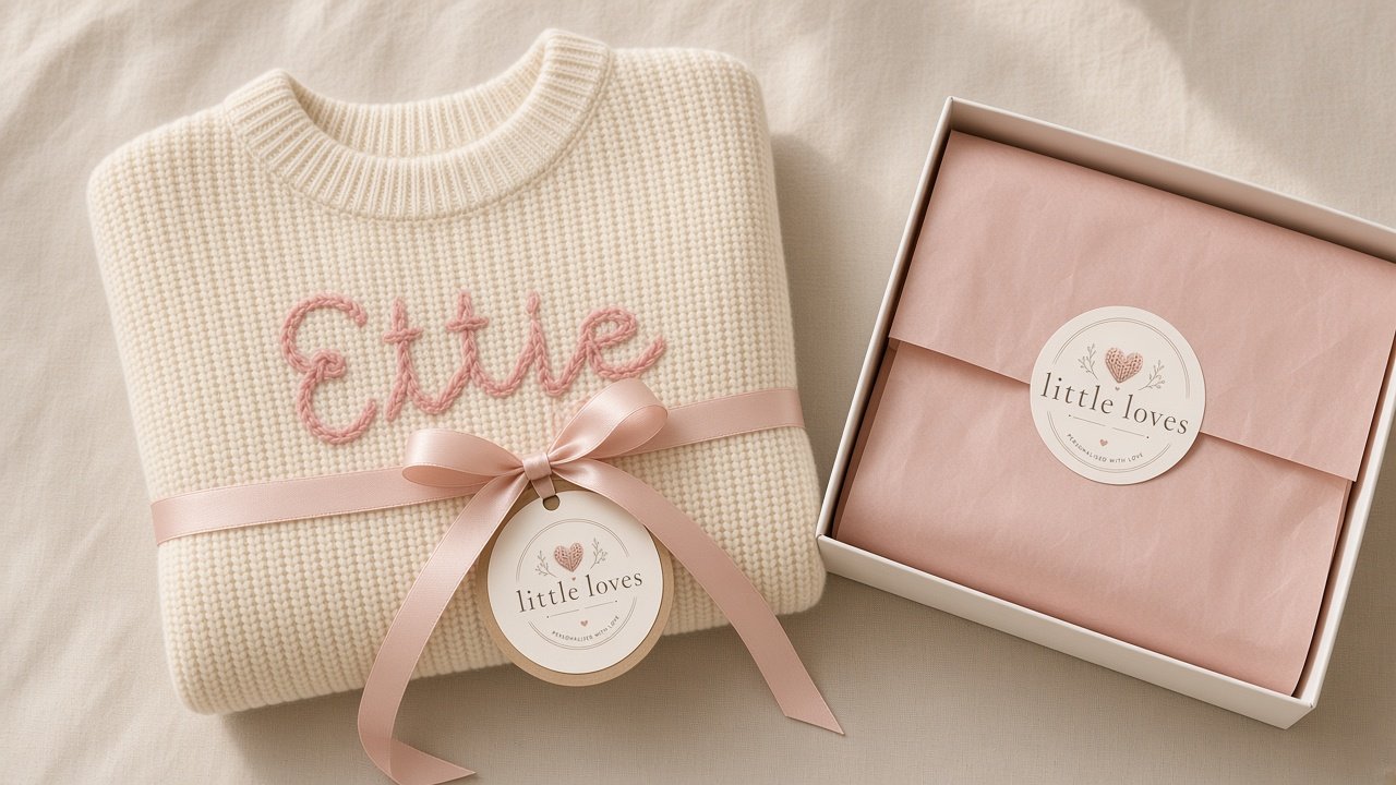 A folded cream Ettie name jumper tied with a blush pink ribbon and Little Loves Knits tag, next to a gift box with pink tissue and a logo sticker